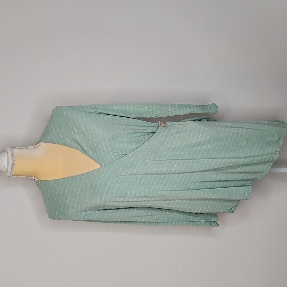 Soft Surroundings Size L Turquoise and gray stripe faux wrap long sleeve top.